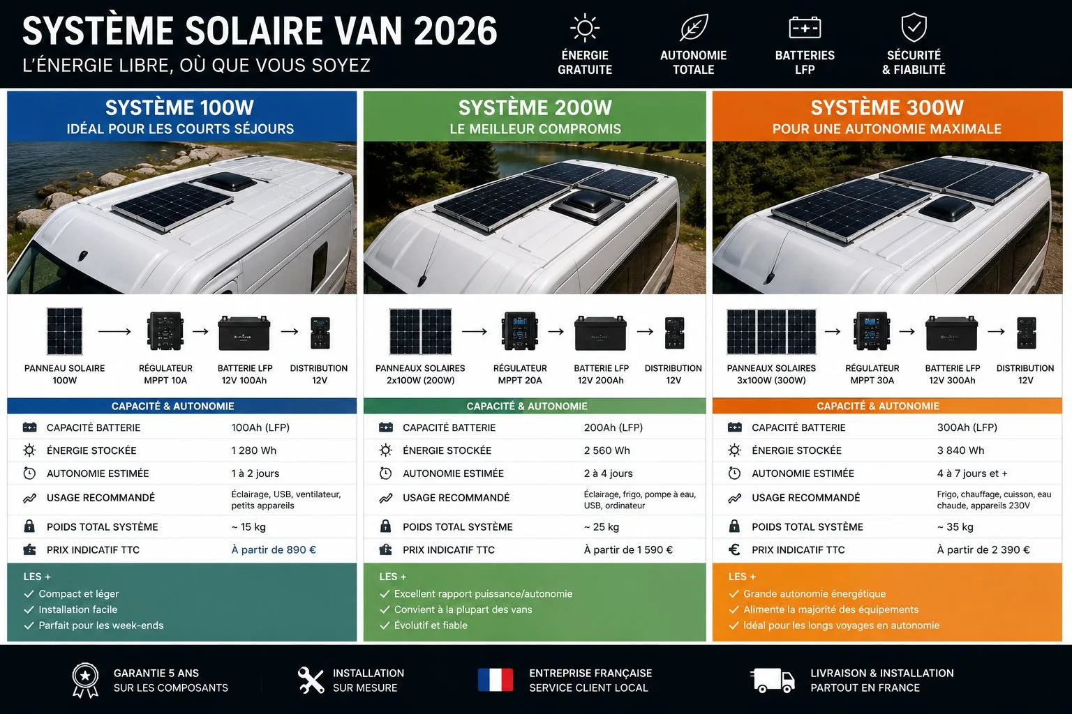Quel système solaire pour van en 2026 ? 100W, 200W ou 300W LFP